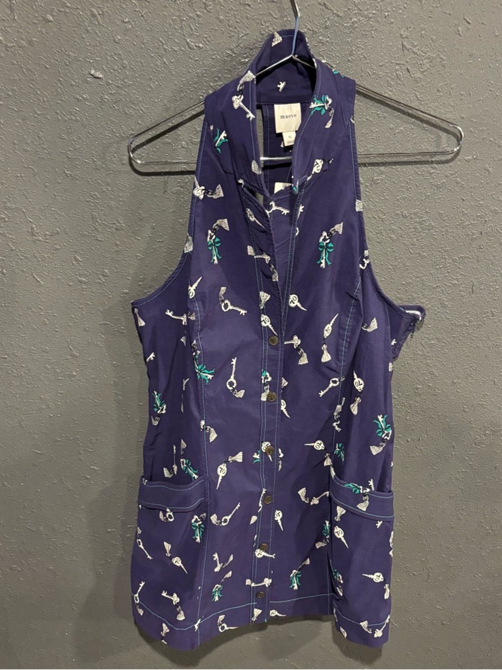 Anthropology Maeve Navy Button-Up midi Dress with Key Print